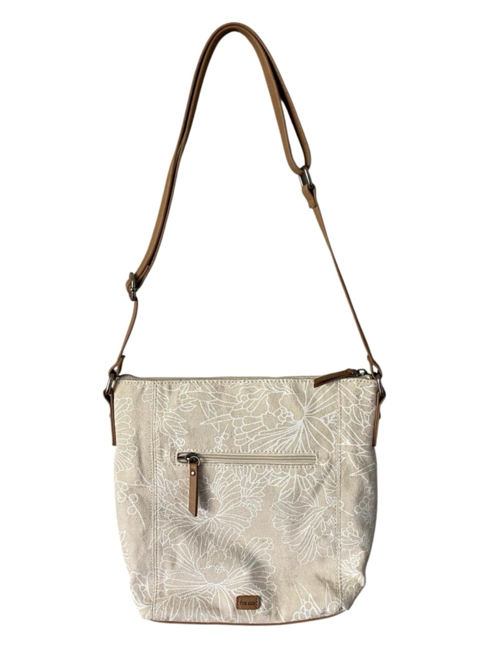 The Sak Ashland Crossbody Bag Canvas Linen Cream Boho Floral Leather Trim EUC